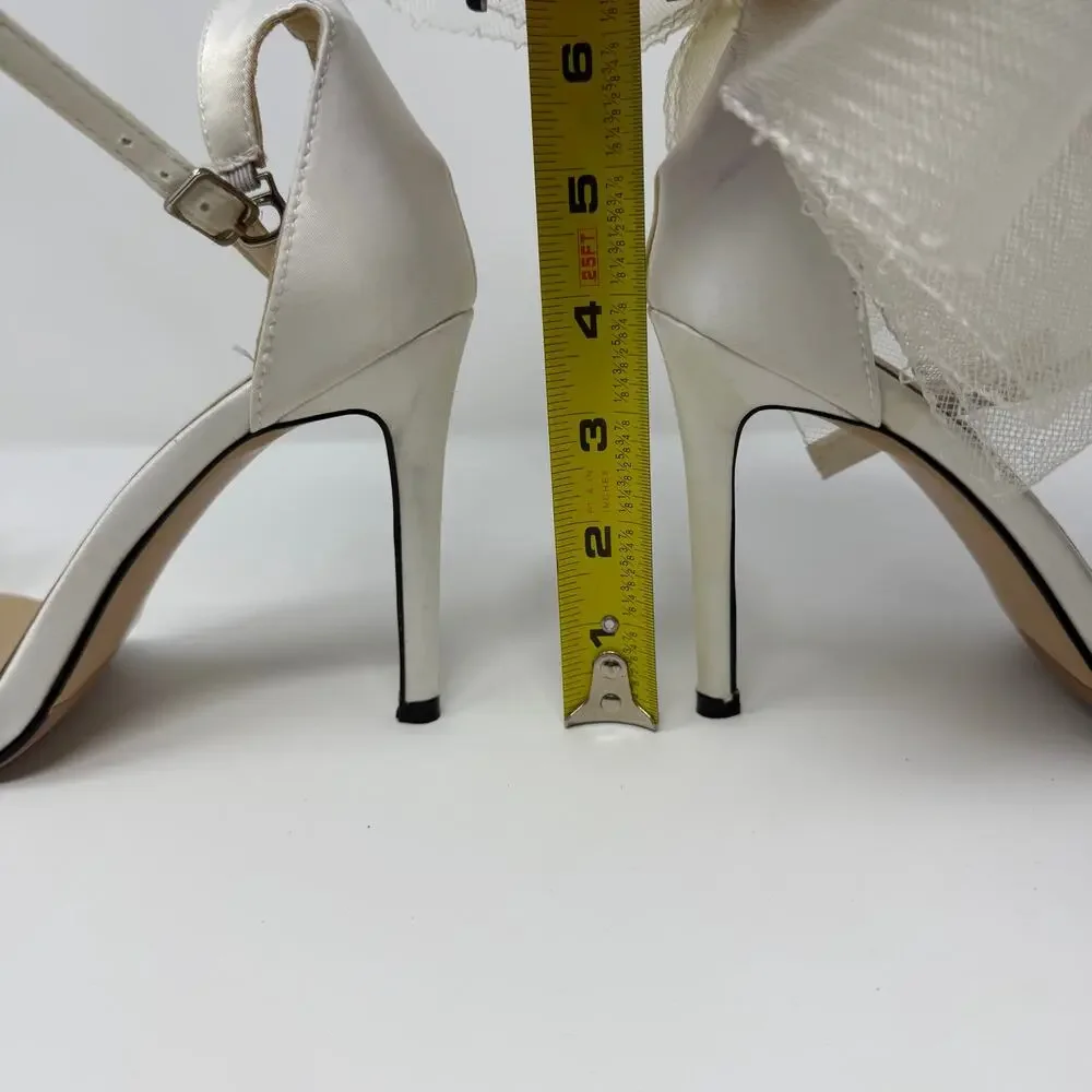 White Satin Bow Ankle Strap Stiletto Heels Size 8